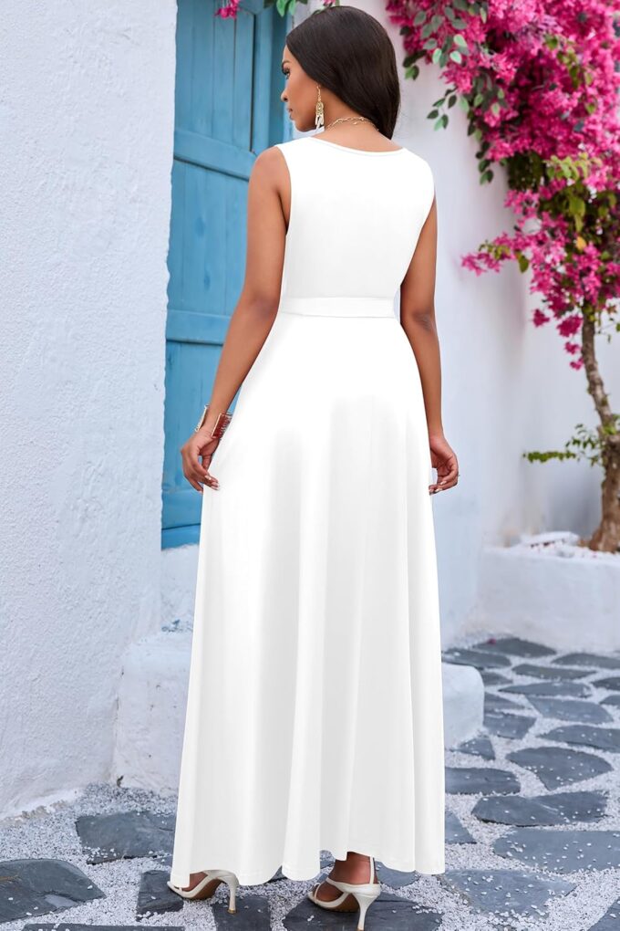 FANDEE Women Summer Semi-Formal Maxi Sleeveless Empire Waist V Neck A-Line Flowy Waist Belted Casual Vacation Cocktail Dress – Bild 6