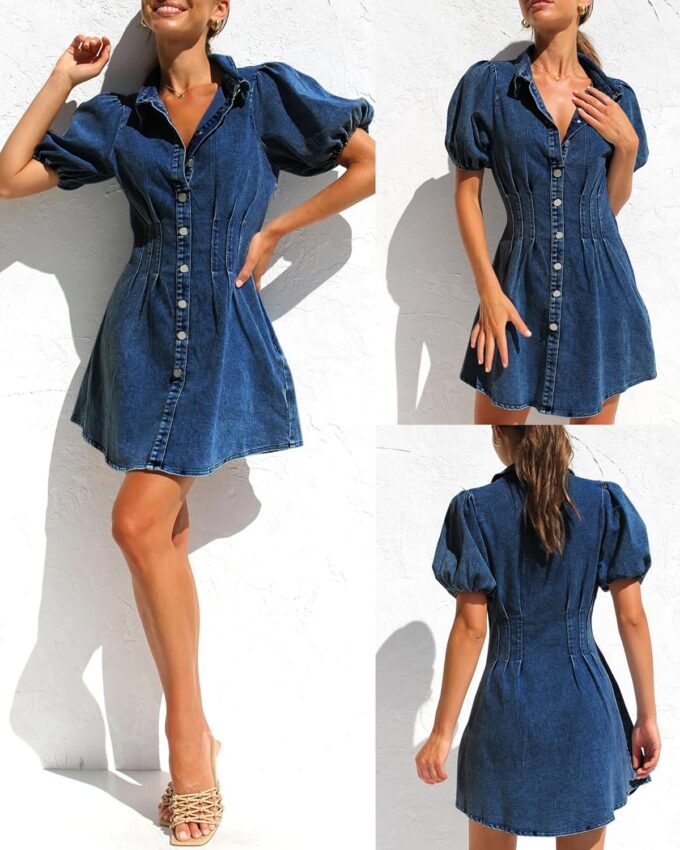 KDF Summer Denim Dress for Women Puff Sleeve Slim Jean Dresses Navy Blue – Bild 5