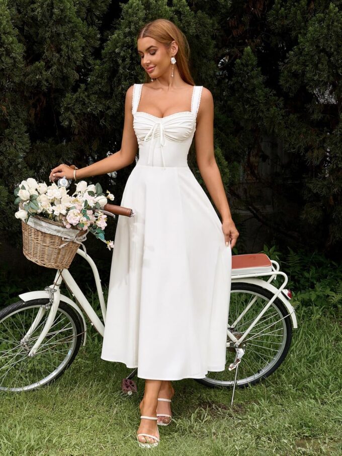 KUTUMAI Floral Corset Midi Dresses for Women 2025 Lace Up Flowy Summer Wedding Guest Dress with Pockets – Bild 6