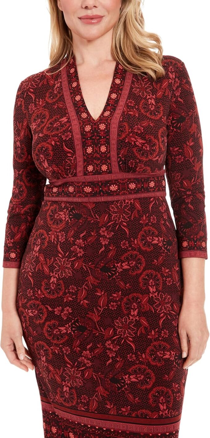 London Times Women's Floral Sheath Dress-Knee Length, V-Neck, 3/4 Sleeve-for Work, Wedding Guest, Cocktail Events – Bild 4