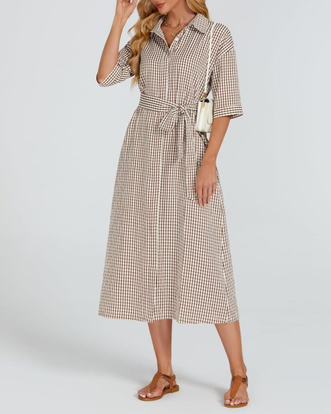 Women's Half Sleeve Plaid Midi Dress Collar V Neck Belted Casual Button Down Long Loose Dress – Bild 7