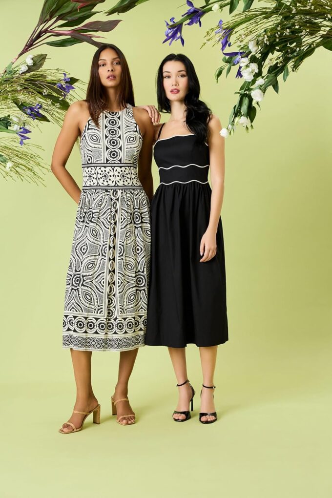 Donna Morgan Women's Printed Linen Rayon Midi Sleeveless High Neck Elegant A-line Wedding Guest Dress – Bild 5