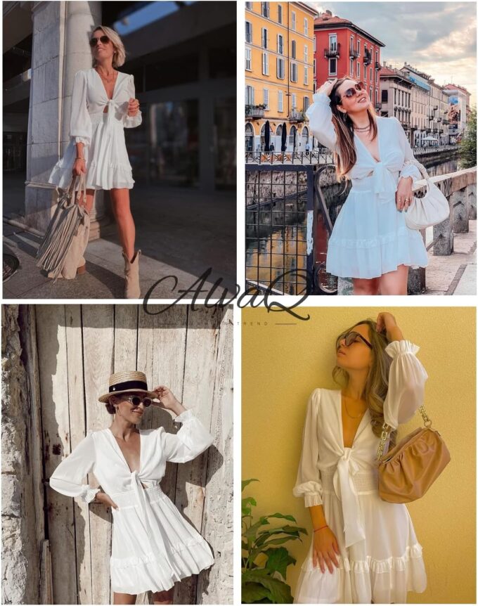 AlvaQ Womens Dresses Spring Summer Knot Front V Neck Ruffles Long Sleeve Floral Print Swing Mini Dress – Bild 5
