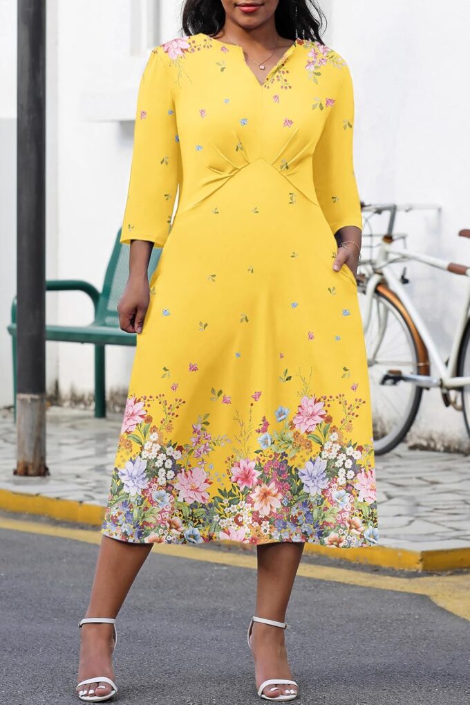 Nmoder Women's Plus Size Stretchy Flared Wrap Dress Casual Wedding Guest Midi Dresses V Neck 3/4 Sleeve A-Line Swing Dress – Bild 3