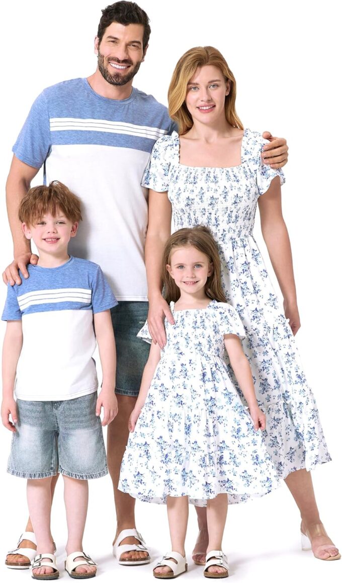 PATPAT Family Matching Outfits Boho Floral Print Square Neck Puff Sleeve Smocked Dress and Short Sleeve T-Shirts Matching Set