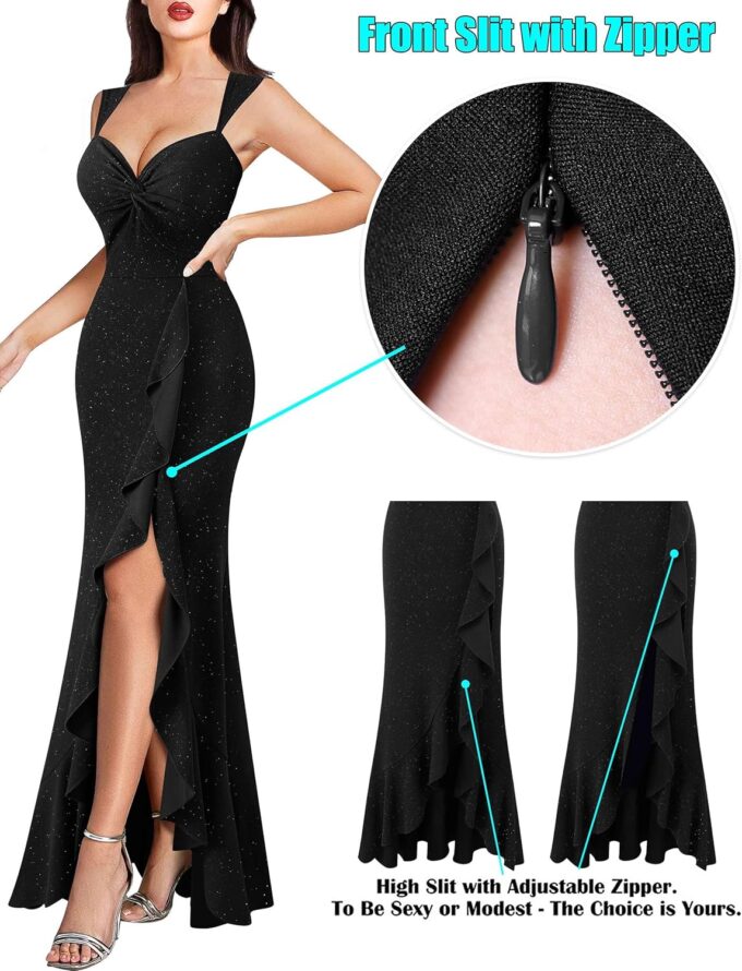 VFSHOW Womens Sweetheart V Neck Twist Front Backless Ruched Ruffle Slit Formal Evening Gown Maxi Long Dress – Bild 4