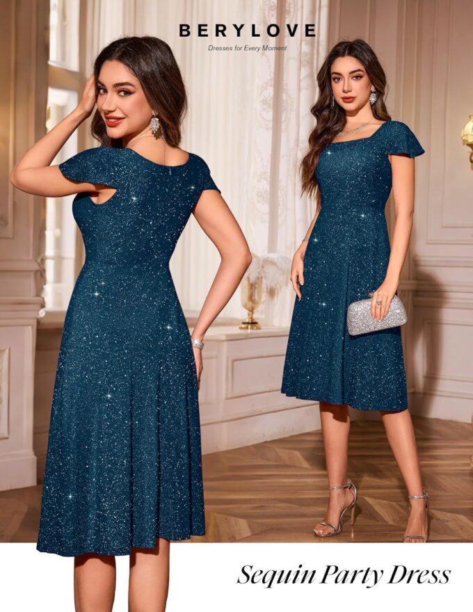 BeryLove Prom Dress for Teens: Sequin Formal Party Dress with Flutter Short Sleeves for Wedding & Cocktail Evening Events – Bild 2