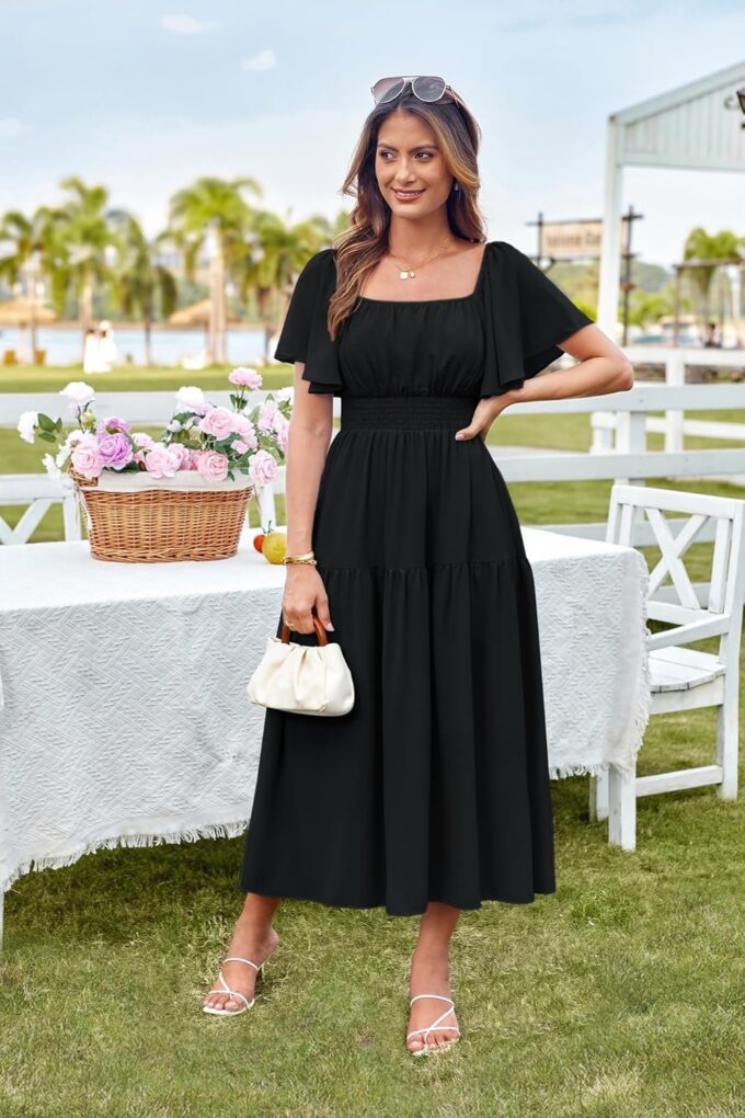 GRACE KARIN Women's Summer Short Sleeve Square Neck Smocked Waist Casual Vacation Tiered Flowy Maxi Dress – Bild 3