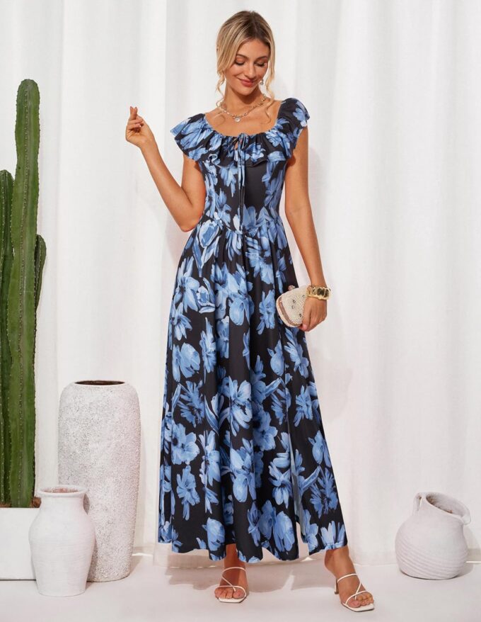 GRACE KARIN 2025 Womens Maxi Dresses Summer Off Shoulder Floral Dress Ruffle Split Beach Flowy Boho Wedding Guest Dress – Bild 2