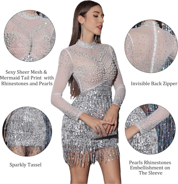 Women's Sexy Birthday Club Mini Dress with Pearls Rhinestones Sparkly Dresses – Bild 5