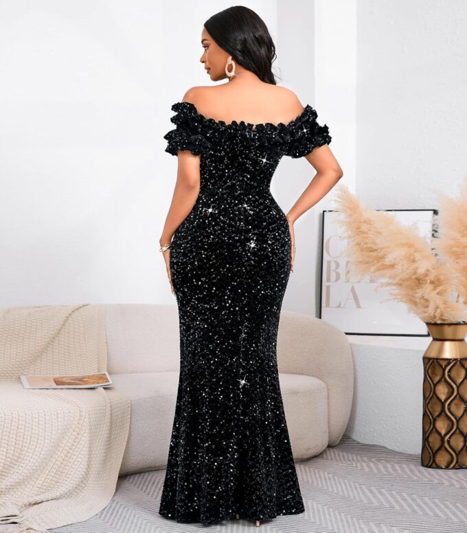 Women Sexy Sequin Off Shoulder Ruffle Short Sleeve Bodycon Mermaid Party Formal Evening Maxi Dress – Bild 2