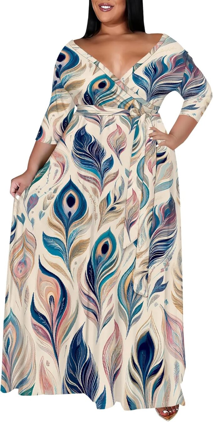 Women's Plus Size Maxi Dresses Casual Loose Short Sleeve Long Maxi Dress with Belt Wedding