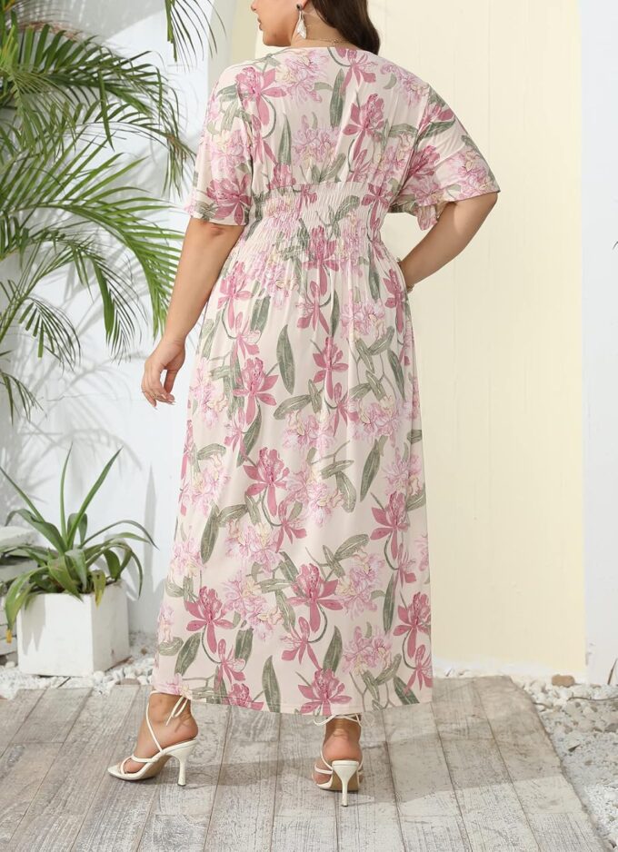 OSTOO Women's Plus Size Hawaii Empire Waist Bat Short Sleeve Casual Floral Print Boho Maxi Dress – Bild 3