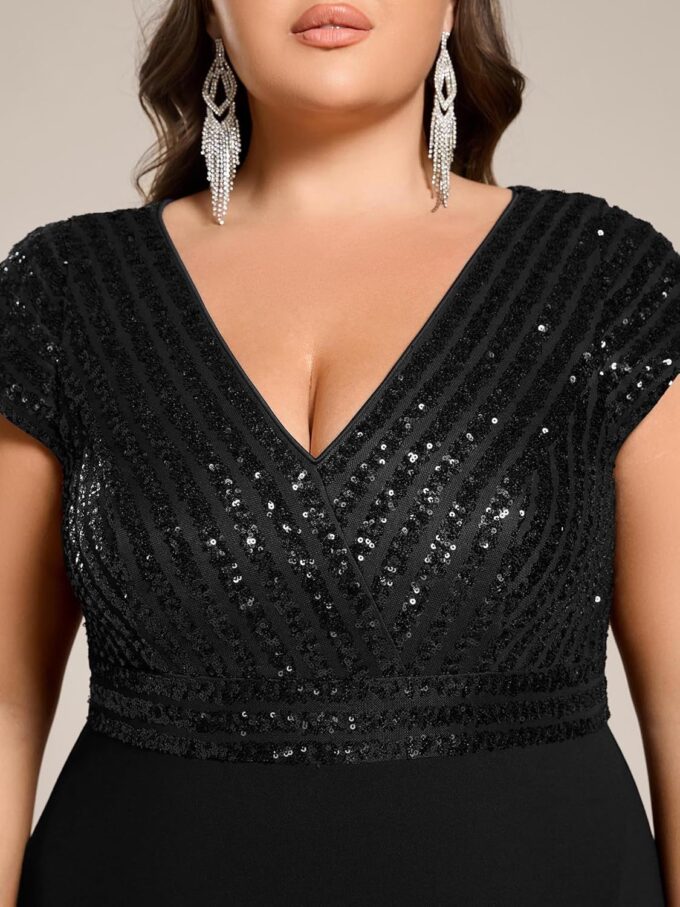 Ever-Pretty Plus Women's Summer V Neck A Line Sequin Cap Sleeves Tea Length Plus Size Formal Wedding Guest Dresses – Bild 5