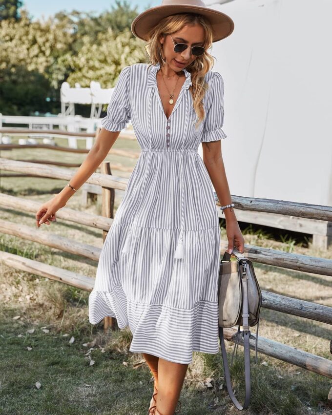 Sexyasasii Women's Summer Ruffle Puff Sleeve Dress Short Sleeve V Neck High Waist Casual Loose Striped Midi Dresses – Bild 4
