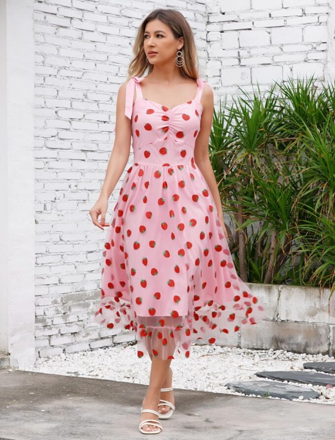 ODIZLI Women’s 1950s Retro Vintage Dress Adjustable Spaghetti Straps Mesh Strawberry/Flower/Cherry Swing Dress Cocktail Dress – Bild 2