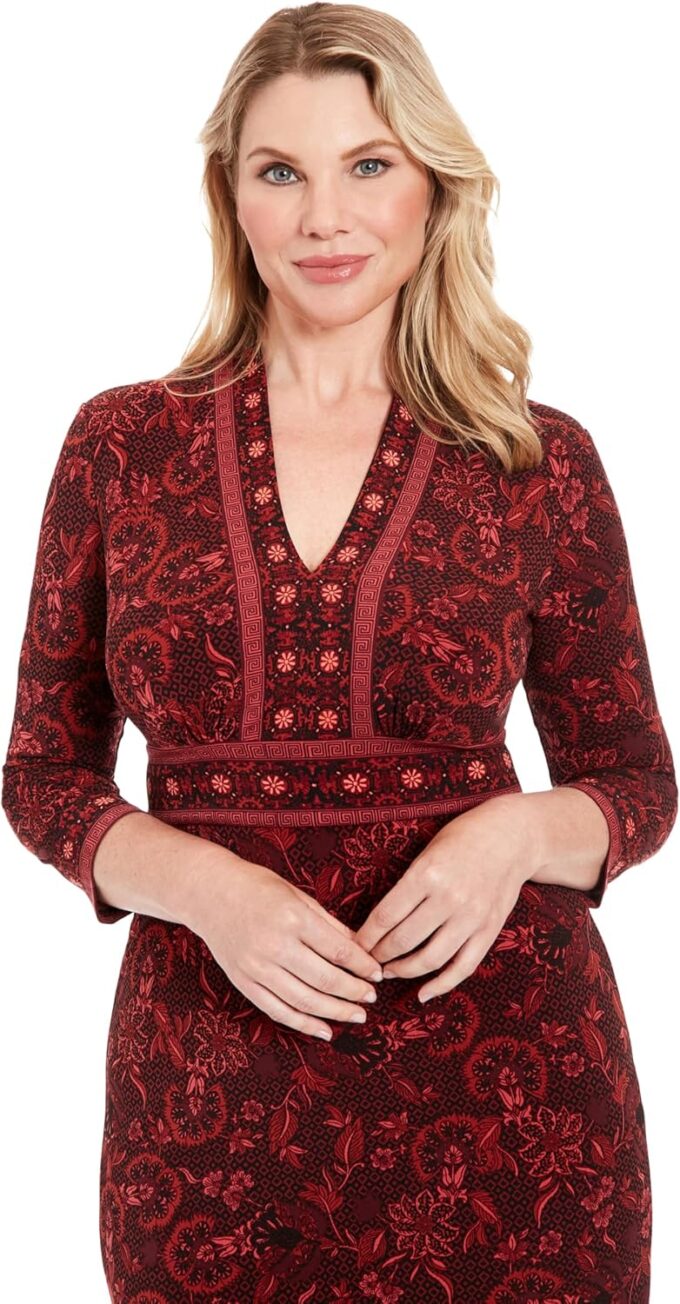 London Times Women's Floral Sheath Dress-Knee Length, V-Neck, 3/4 Sleeve-for Work, Wedding Guest, Cocktail Events – Bild 5