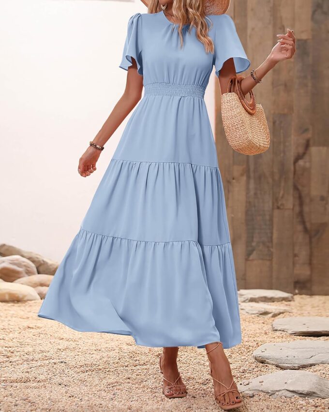 PRETTYGARDEN Women's Summer Casual Short Flutter Sleeve Round Neck Smocked Waist Tiered Boho Floral Flowy Maxi Dress – Bild 3
