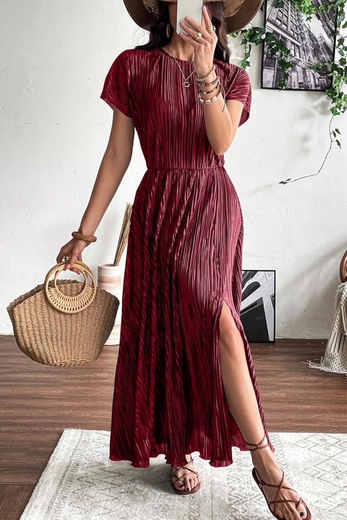 CCTOO Womens Summer Maxi Dresses: Casual Short Sleeve Crewneck Slit Sundress Ruffle Pleated Long Flowy Party Cocktail Dress – Bild 5