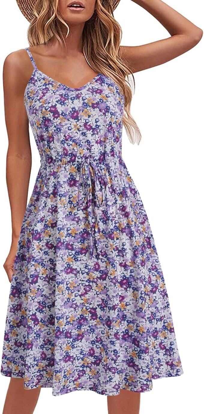 Women's Casual Summer Dress Beach Sleeveless Spaghetti Strap Adjustable Waist A Line Sun Dresses with Pockets 826