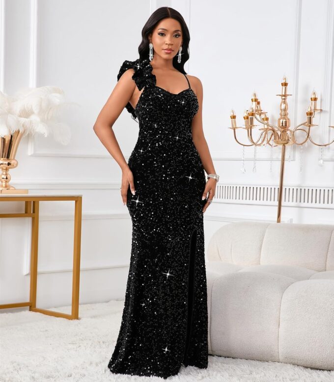 Cololura Women Sexy Elegant Sequin High Split Ruffled Hem Mermaid Party Cocktail Bodycon Formal Evening Gowns Maxi Dress – Bild 4