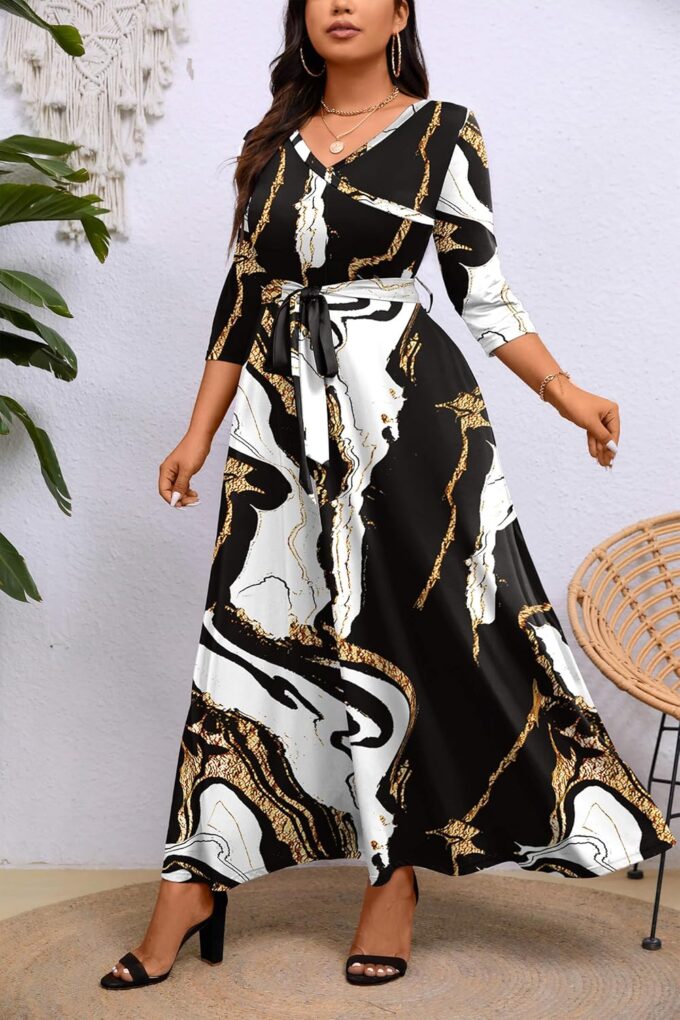 Runwind Plus Size Dress for Women - 3/4 Sleeve V Neck Printing Maxi Dresses for Women （XL-6XL） – Bild 4