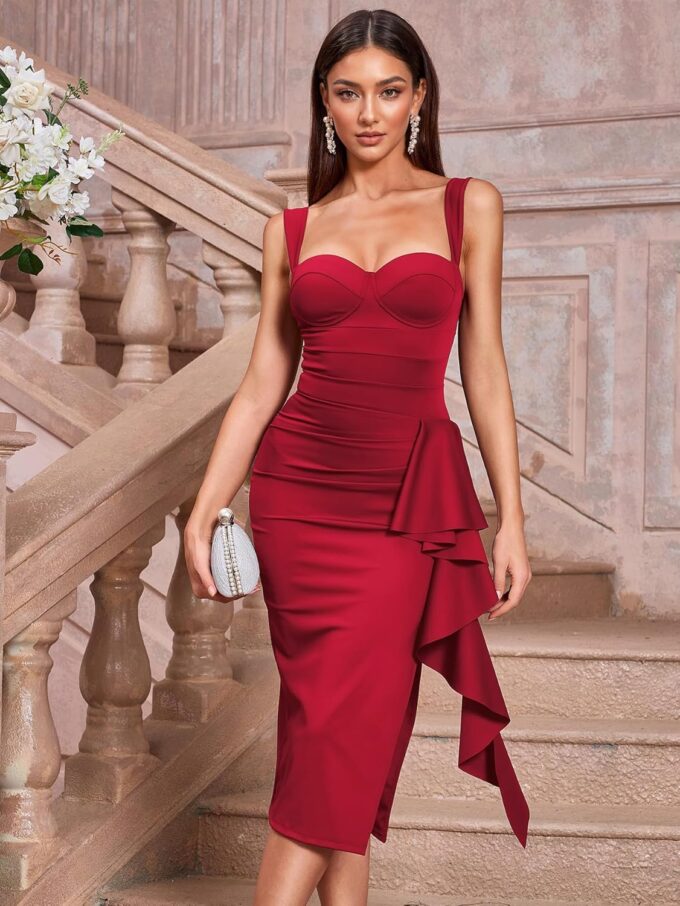 Women's Summer Bodycon Cocktail Vintage Formal Midi Dress with Built-in Bra, Sleeveless, Ruffle Split Hem – Bild 3