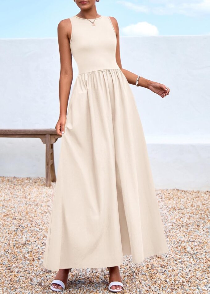 KIRUNDO Sleeveless Maxi Dresses for Women 2025 Spring Summer Mixed Fabric Pocketed Elegant Wedding Guest Flowy Tank Dress – Bild 6