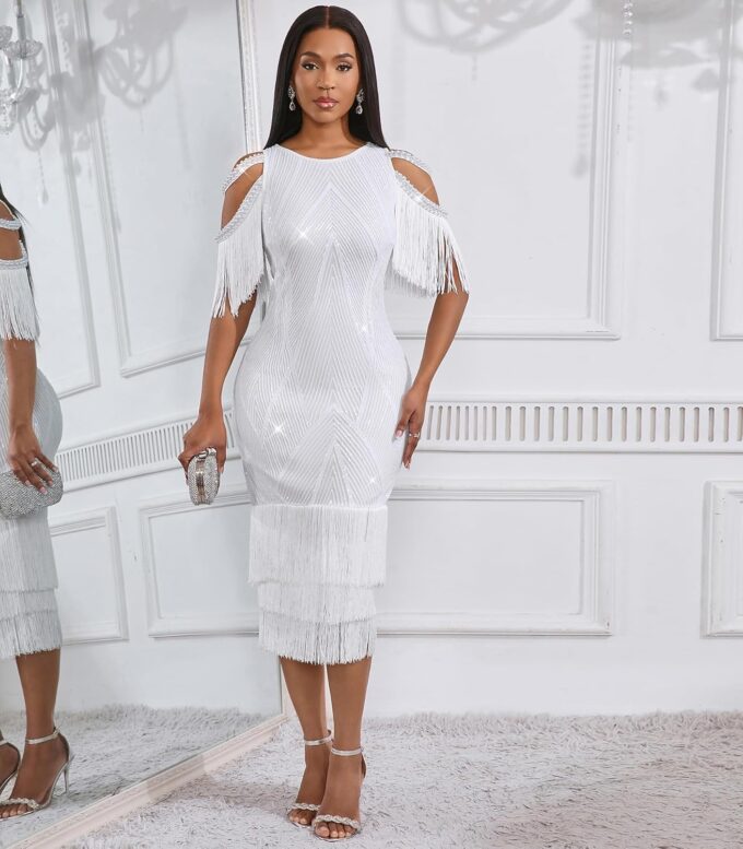 Cololura Sexy Elegant Women Sequin Short Sleeve Tassel Bodycon Midi Dress Party Evening Gown Formal Dress – Bild 4