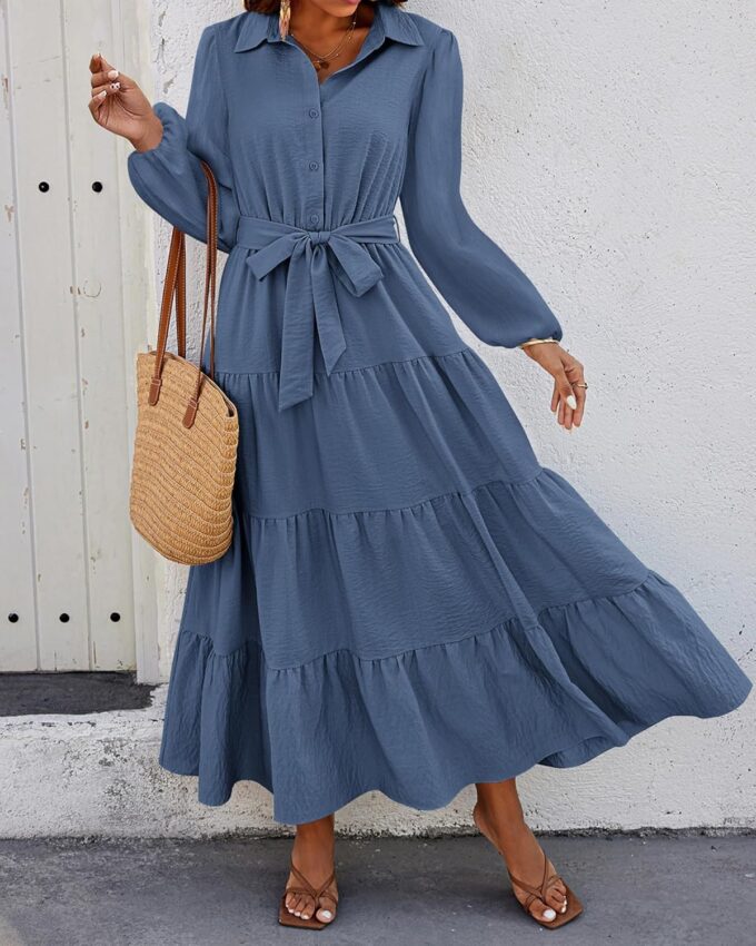 dowerme Women's Long Sleeve Dress 2025 Button Down Belted A-Line Flowy Fall Outfits Ruffle Maxi Holiday Party Dresses – Bild 2