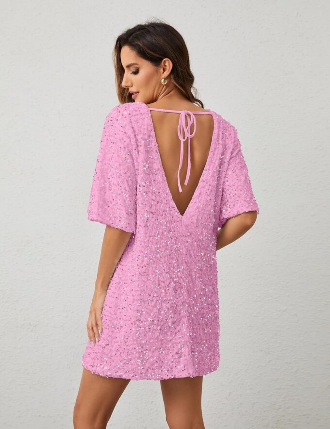 Women's Sparkly Sequin Shirt Mini Dress Party Club Dress Half Sleeve Crewneck Tie Backless Velvet Glitter Dresses – Bild 2