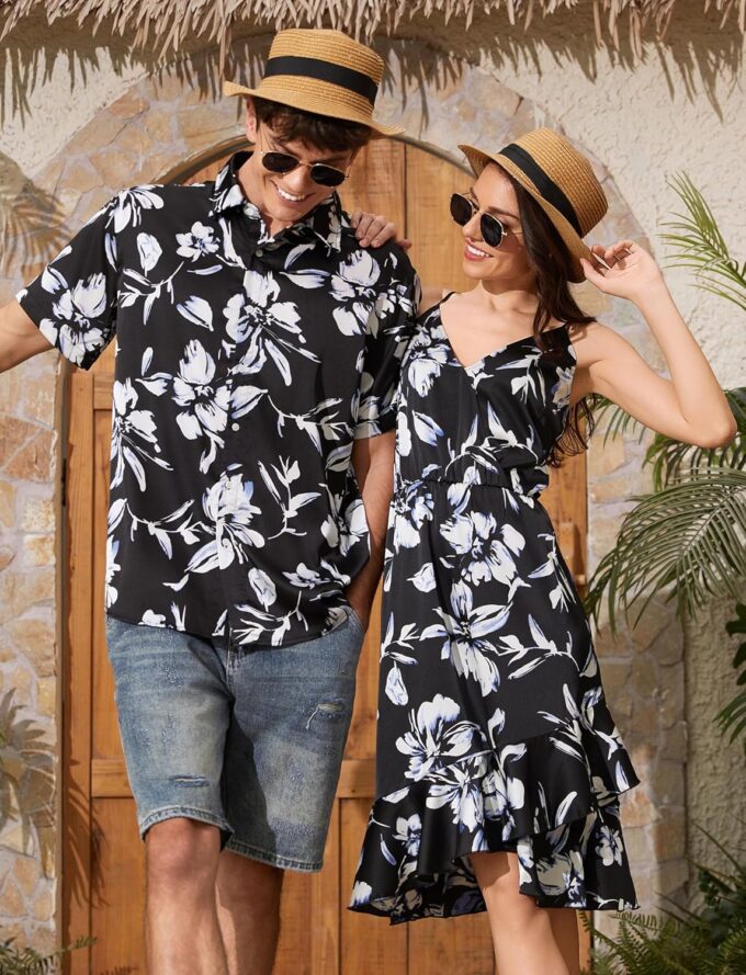 PATPAT Matching Hawaiian Outfits for Couples Beach Vacation Tropical Print Women Spaghetti Strap Dress or Men Cruise Shirt – Bild 5
