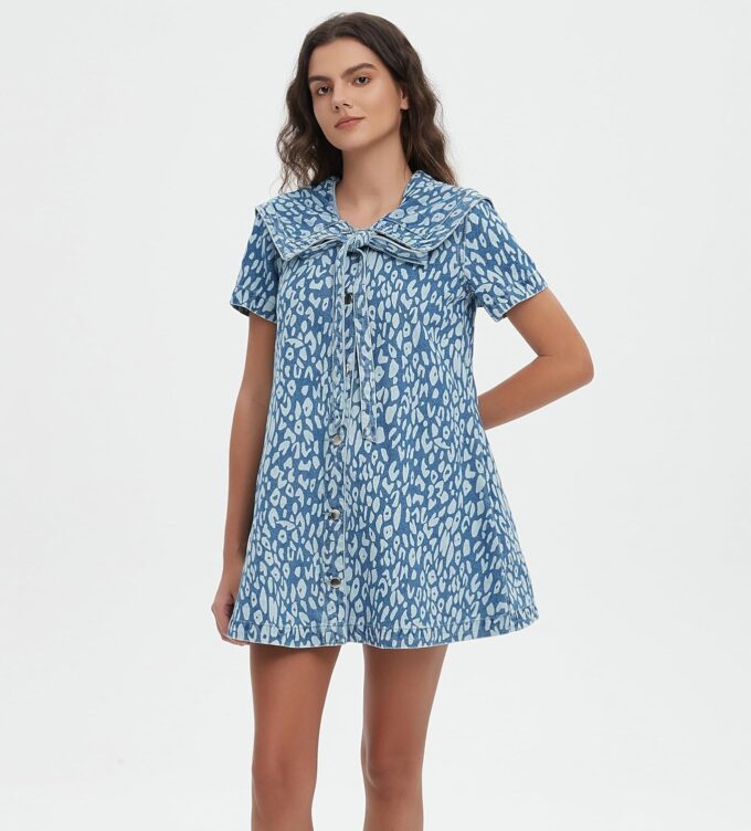 D-Sun Women's Denim Mini Dress Summer Short Sleeves Leopard Print Denim Babydoll Dress Navy Collar A-Line Jean Dresses – Bild 3