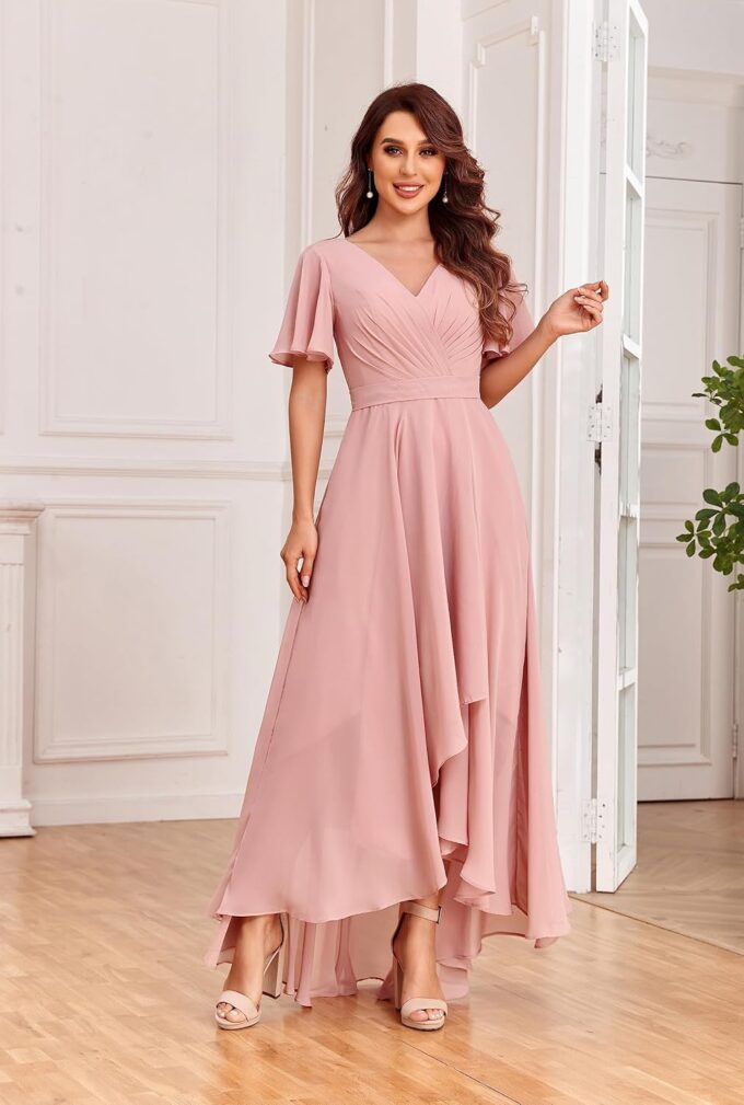 Women's High Low Bridesmaid Dresses for Women Chiffon Pleated V Neck Short Sleeves Formal Gown with Slit – Bild 2