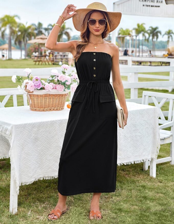 GRACE KARIN 2025 Summer Women's Strapless Maxi Dress Elastic Waist Side Slit Casual Cotton Summer Dress with Pockets – Bild 3