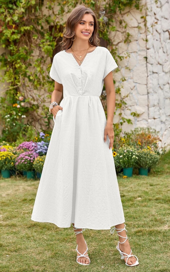 ECOWISH Women Cotton Midi Dress: 2025 Button V Neck Casual Summer Dresses Short Sleeve A-Line Shirt Long Dress with Pockets – Bild 9