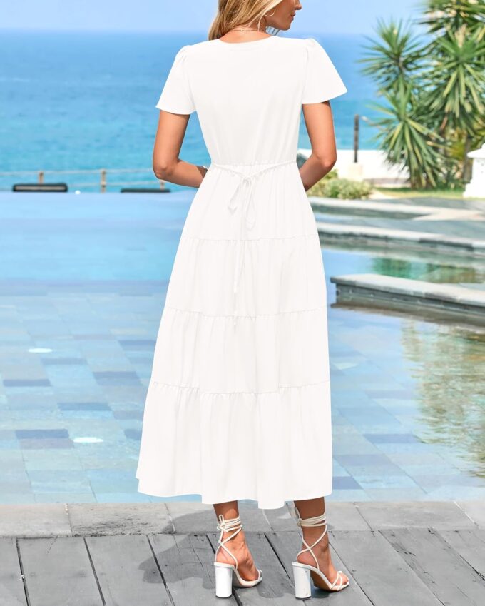 PRETTYGARDEN Women Summer Midi Dresses 2025 Casual Short Sleeve V Neck Belted Tiered Ruffle Vacation Dress with Pockets – Bild 5