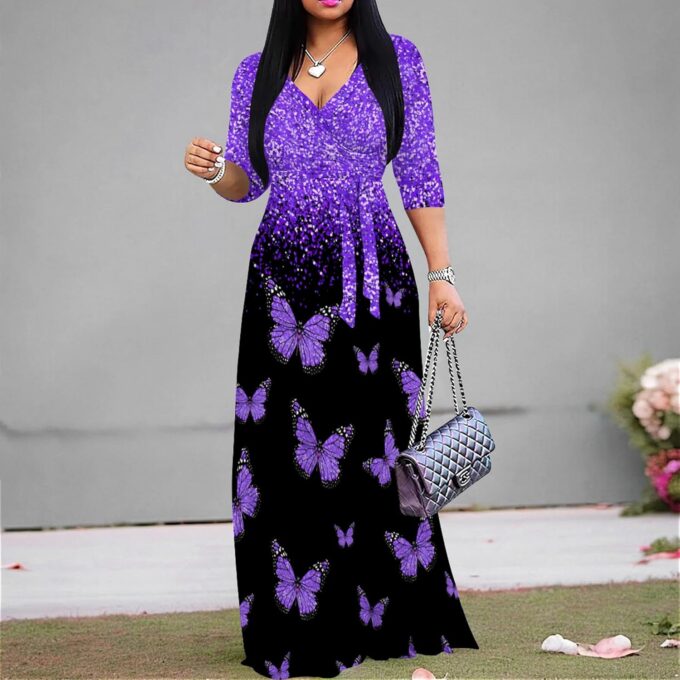 Plus Size Dresses for Women Print Maxi Dresses Flowy 3/4 Sleeve with Belt – Bild 4