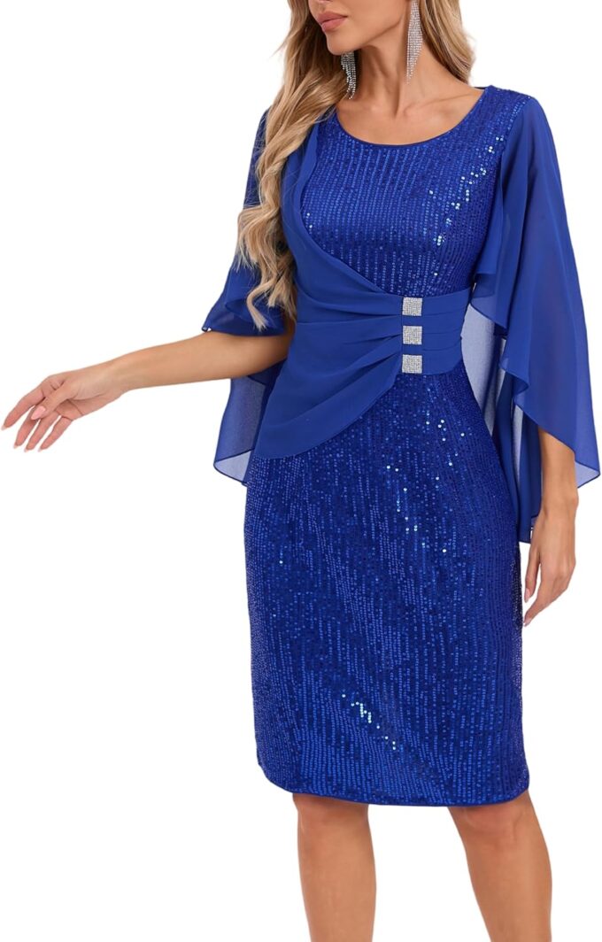 Womens Sequin Cocktail Party Dress Elegance Chiffon Midi Dresses Cape Sleeve Bodycon Dress with Ruffle Asymmetrical Over – Bild 4