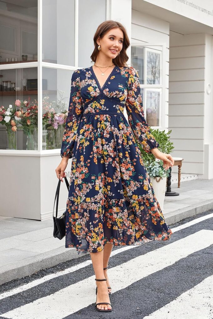 Women's Spring Wrap Maxi Dress Floral V Neck Long Sleeve Wedding Guest Party Casual Chiffon Dress – Bild 4