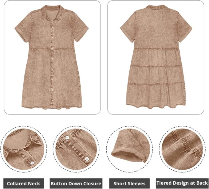 GRAPENT Denim Dress for Women Babydoll Tiered Short Sleeve Button Down Jean Shirt Dresses – Bild 5