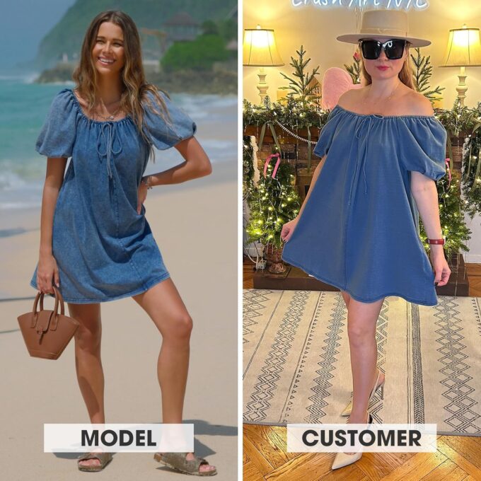 EXLURA Womens Summer Denim Short Puff Sleeve Dresses Knit Loose Plus Size Short Mini Dress 2025 Trendy Outfit – Bild 2