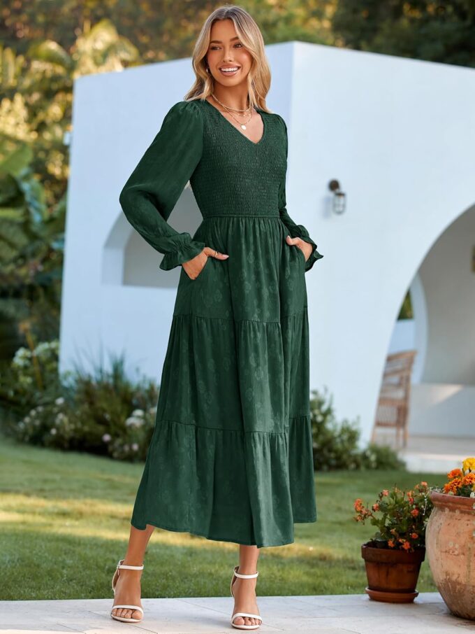 Simplee Womens Long Sleeve Smocked Maxi Dress Tiered V Neck Flowy Fall Wedding Guest Long Dresses with Pockets – Bild 4