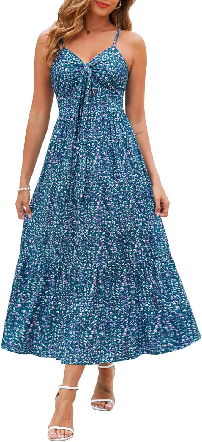 Kranda Women 2025 Summer Sundress High Waist Tie Front Spaghetti Strap Ruffle Long Beach Floral Maxi Dress with Pockets – Bild 8