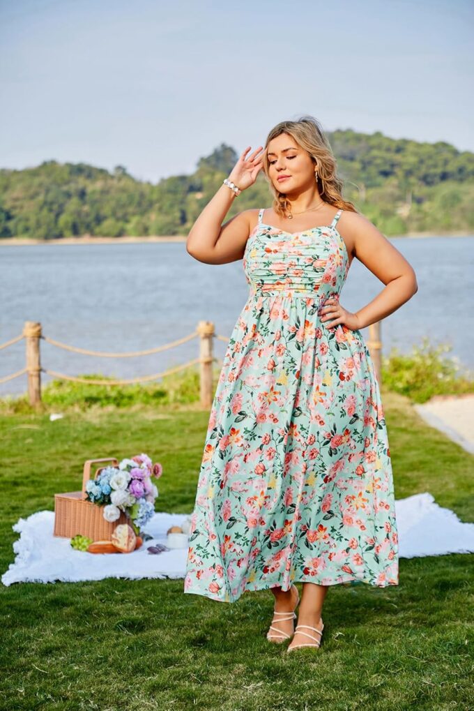 Hanna Nikole Women‘s Plus Size Casual Spaghetti Straps Bohemian Maxi Dress V Neck Flowy Dress with Pockets – Bild 4