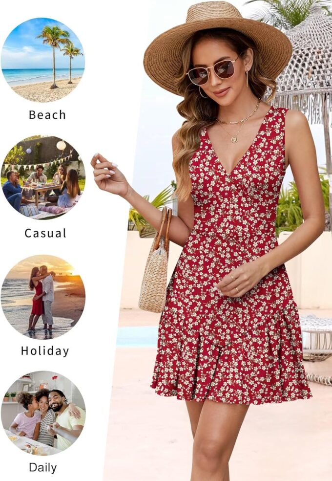 JOCAFIYE Women's Dresses Summer Sleeveless Sexy Wrap V Neck Floral Sundress Mini Dress Beach Dress – Bild 6