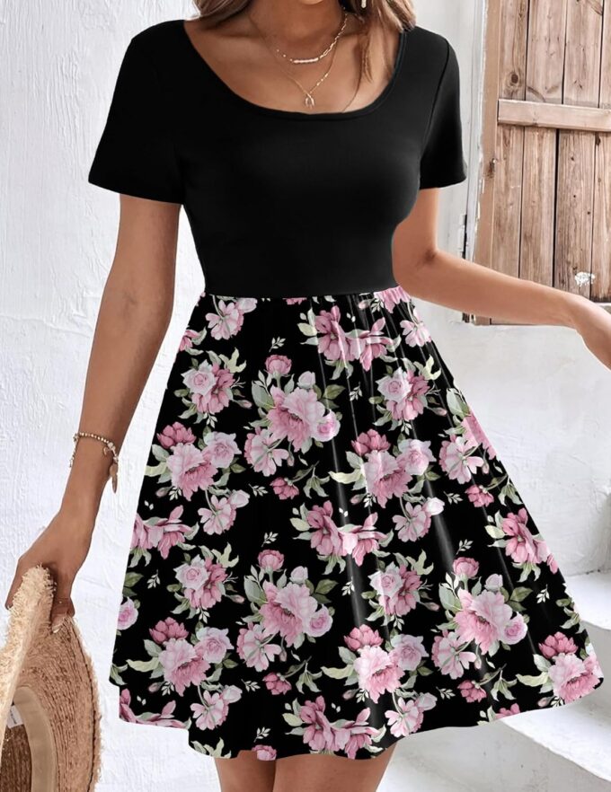 Zeagoo Womens Casual Dress Floral Patchwork Summer Dress Square Neck Short Sleeve A Line Flowy Swing Mini Dress with Pockets – Bild 4
