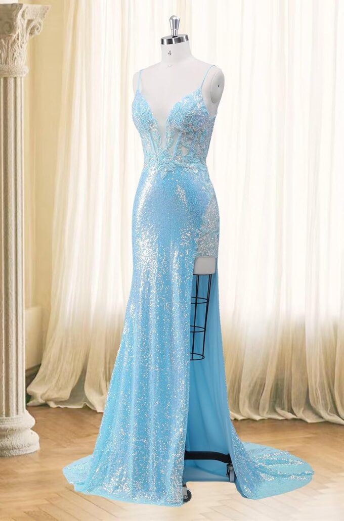 Women's Sequin Mermaid Prom Dresses 2025 Spaghetti Straps V-Neck Lace Applique Formal Evening Dress – Bild 3
