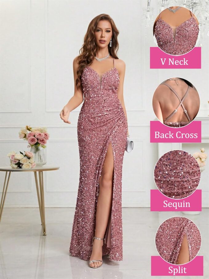 Sequin Dress for Women Prom Dress Sexy V-Neck Bodycon Sequin Gowns and Evening Dresses – Bild 2