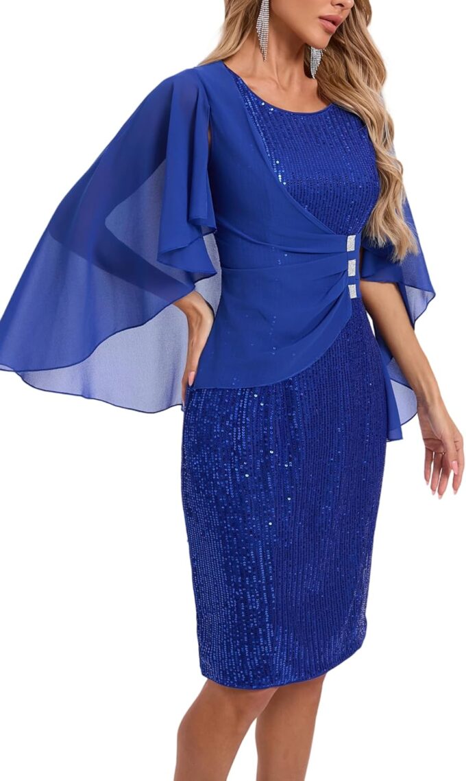 Womens Sequin Cocktail Party Dress Elegance Chiffon Midi Dresses Cape Sleeve Bodycon Dress with Ruffle Asymmetrical Over – Bild 5